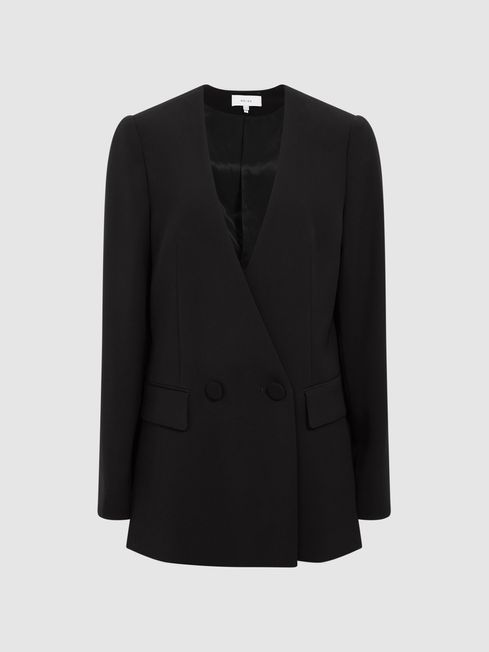 Reiss Black Margeaux Collarless Double Breasted Suit Blazer | Reiss UK