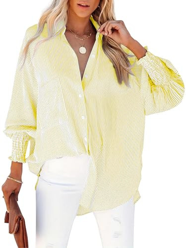 HOTEVE Yellow Long Sleeve Shirt Women Oversized Button Down Shirts for Womens Smocked Cuffed Striped Boyfriend Trendy Tops Lemon Yellow 17 Size M | Amazon (US)