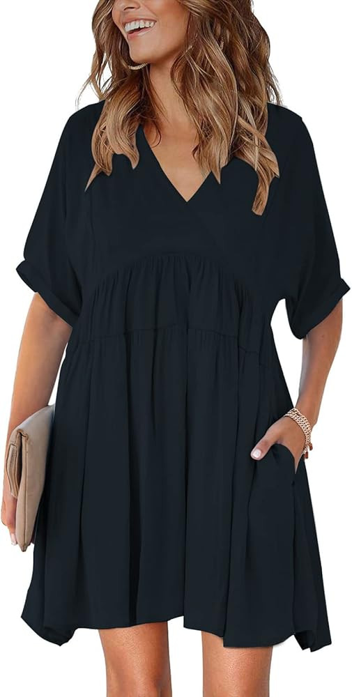 HUUSA Women Long Sleeve Casual Summer Ruffle Backless Floral Flowy Swing Mini Dress | Amazon (US)