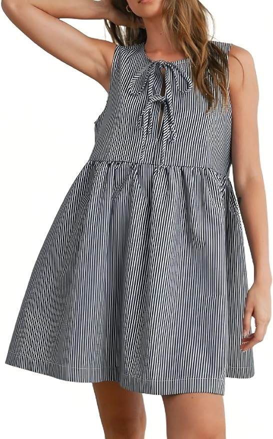 Womens Mini Red Stripe Bowknot Dress Round Neck Sleeveless A Line Casual Dresses | Amazon (US)