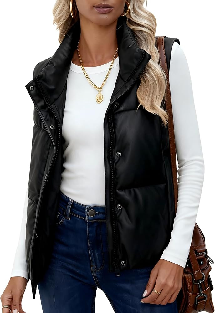 UANEO Womens PU Leather Cropped Puffer Vest Winter Faux Leather Zip Up Sleeveless Jacket | Amazon (US)