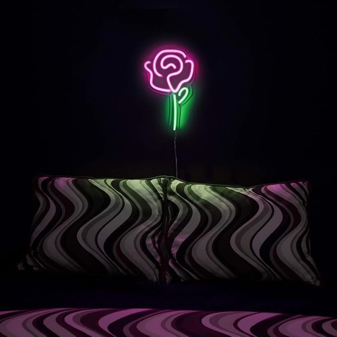 Isaac Jacobs 15" x 9" inch LED Neon Pink Rose Flower with Green Stem Wall Sign For Cool Light, Wa... | Amazon (US)