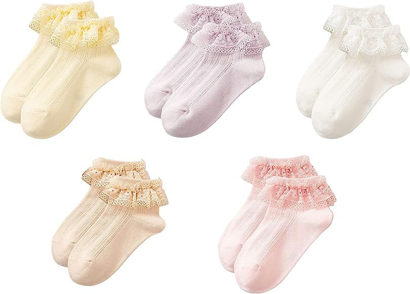 Gwenveni Toddler Girls Ruffle Lace Trim Cotton Socks Eyelet Frilly Dress Socks 5 -Pack | Amazon (US)