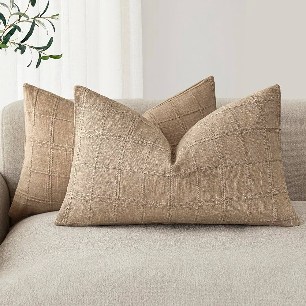 Foindtower Set of 2 Decorative Linen Check Throw Pillow Covers Neutral Farmhouse Lumbar Cushion C... | Amazon (US)