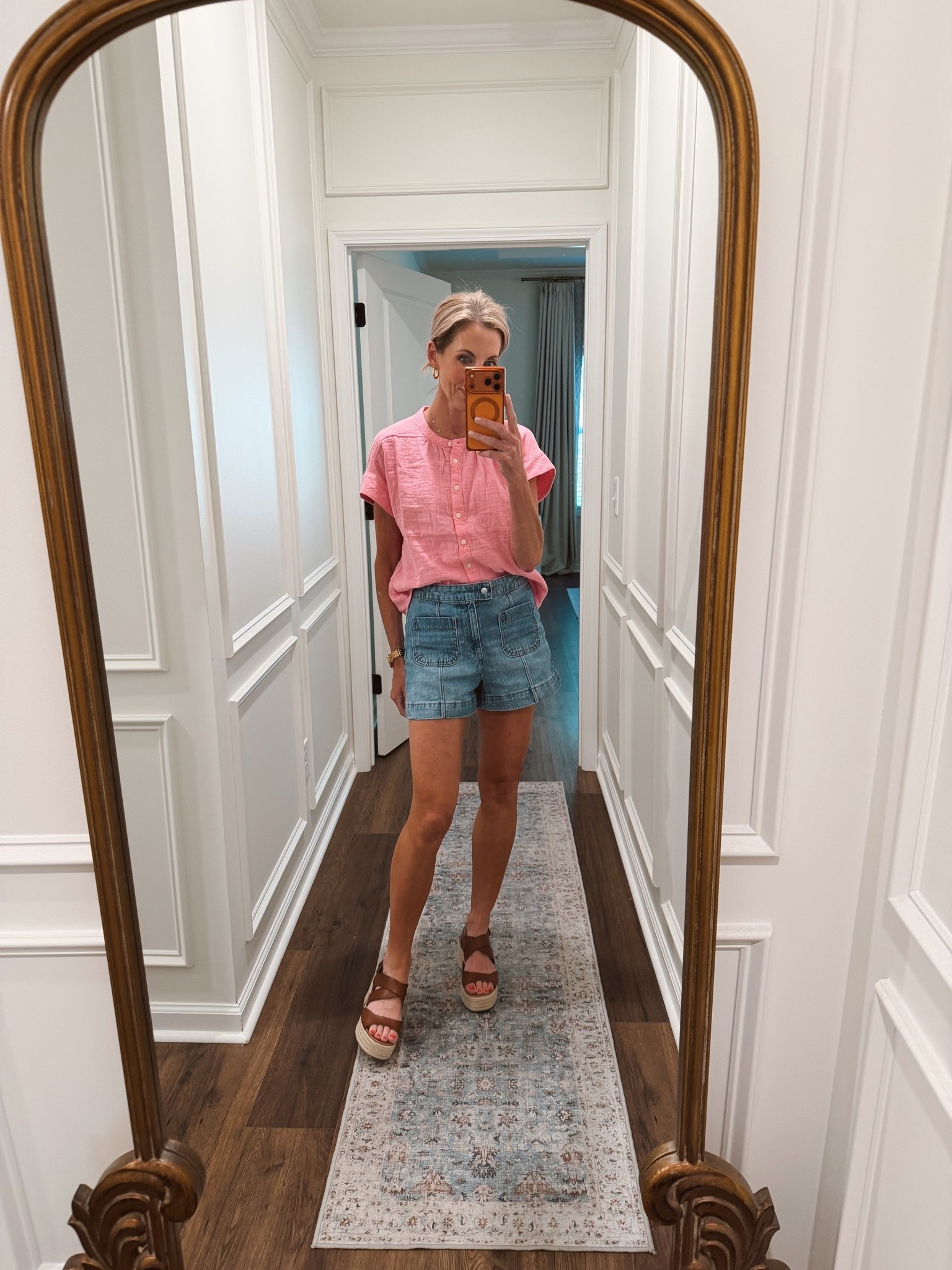 I am addicted to these gauze shirts in the summer from the gap because they are so lightweight and are not hot. I am wearing the size extra small and I ordered the new bright pink color.  @gapstyle