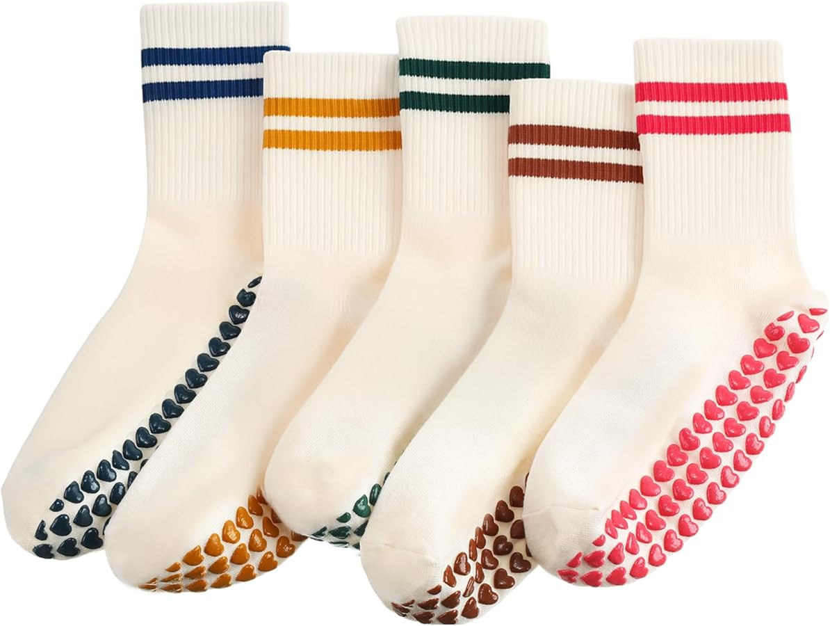 5 Pairs Women Pilates Grippy Socks Crew Half Calf Yoga Socks for Pilates Fitness Workout Hospital | Amazon (US)