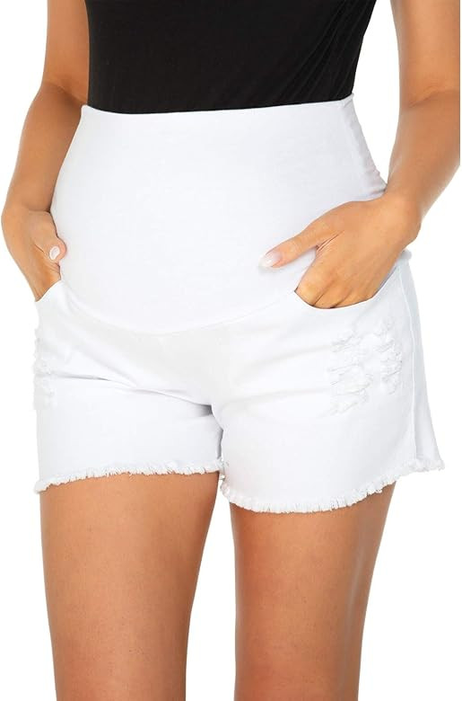 Jezero Women's Maternity Shorts Pants Wide Elastic Band Pregnancy Denim Shorts | Amazon (US)