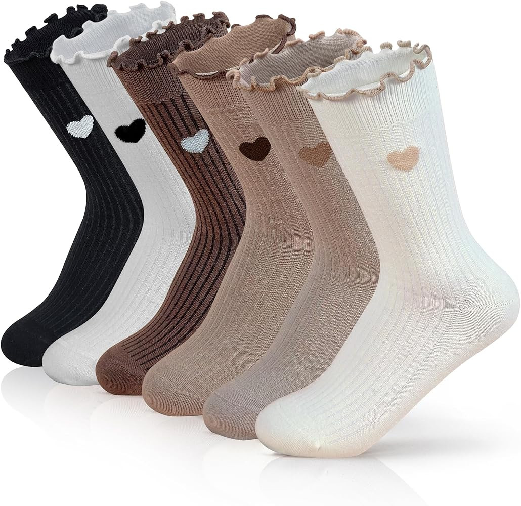 Ruffle Socks Woman Girls Frilly Cute Cozy Cotton Heart Crew Ankle Socks Gifts for Women 6 Pairs | Amazon (US)