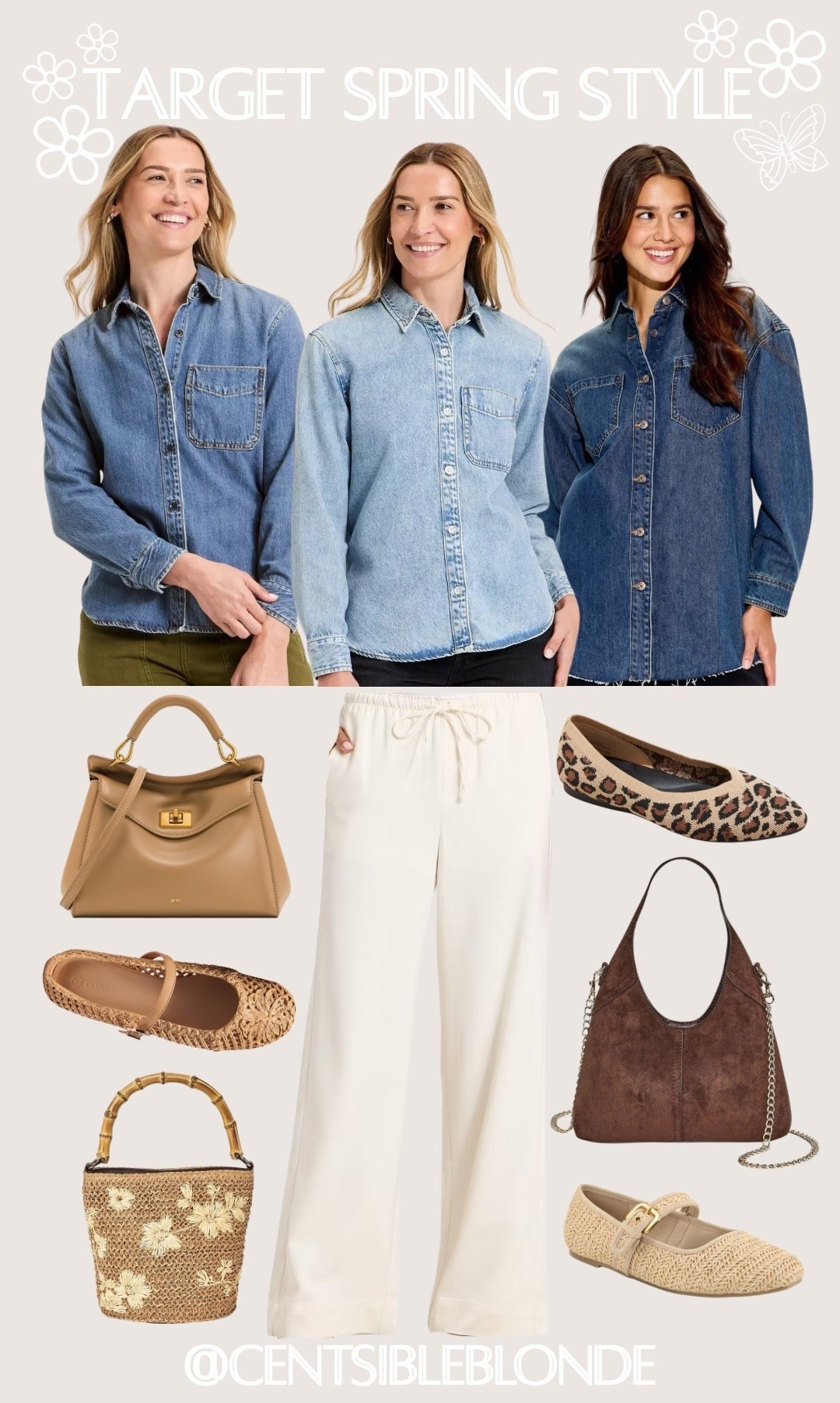 Denim top, denim shirt, cream pants, work flats, maryjanes, Mary Jane flats, handbag, leopard flats, target outfit, spring style, spring outfit, target style

#LTKMidsize #LTKootd #LTKTravel