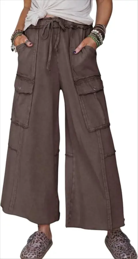 Athlisan Womens Wide Leg Acid Wash Sweatpants High Rise Baggy Cargo Drawstring Elastic Waist Casu...