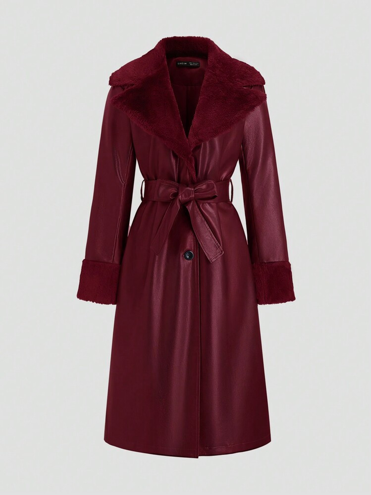 Sweetra Full-Length Fluffy & PU Leather Splicing Trench Coat, Solid Color Fall Winter Cloth For Women | SHEIN