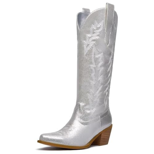 RKQ Silver Cowboy Boots Silver Boots Metallic Cowboy Boots Wide Calf Embroidered Cowgirl Boots Western Boots Silver,9 | Amazon (US)