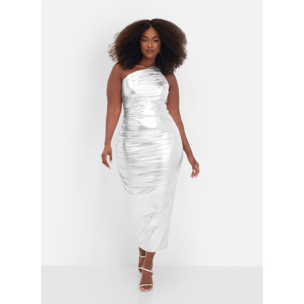 Rebdolls Women's Vega Metallic Ruched One Shoulder Midi Bodycon Dress | Target