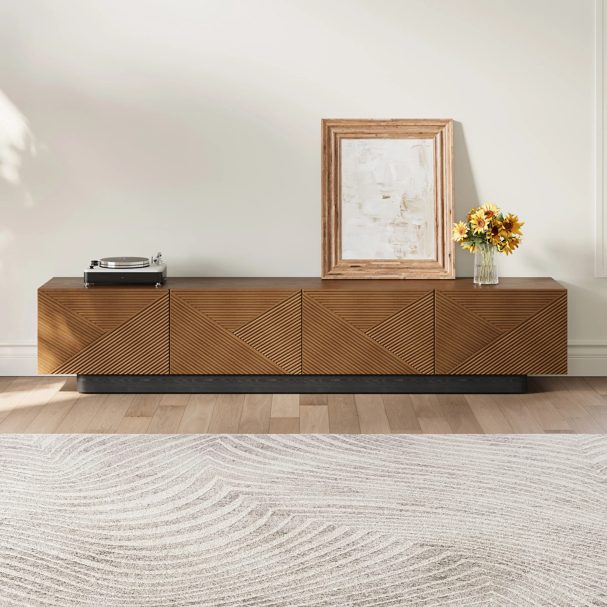 78.74" Mid Century Modern TV Stands, with Brown Solid Wood Veneer, Media Consoler with 4 Cabinets | Wayfair North America