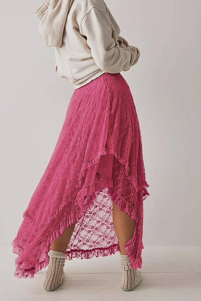 R.Vivimos Women Lace Long Skirts Summer Elastic Asymmetrical Layered Hem Sexy See-Through Beach Floral Maxi Skirts | Amazon (US)