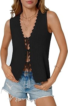 COCCKO Womens Tie Front Tops V Neck Sleeveless Crochet Knit Vests Beach Vacation Spring Outfits C... | Amazon (US)