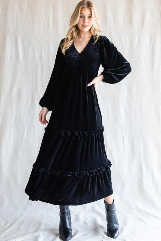 Black Velvet Smocked Midi Dress | PinkBlush Maternity