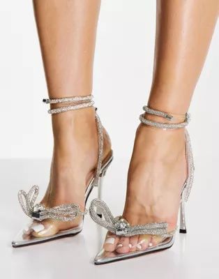 Public Desire Midnight heeled shoes with diamante bow detail in silver | ASOS (Global)