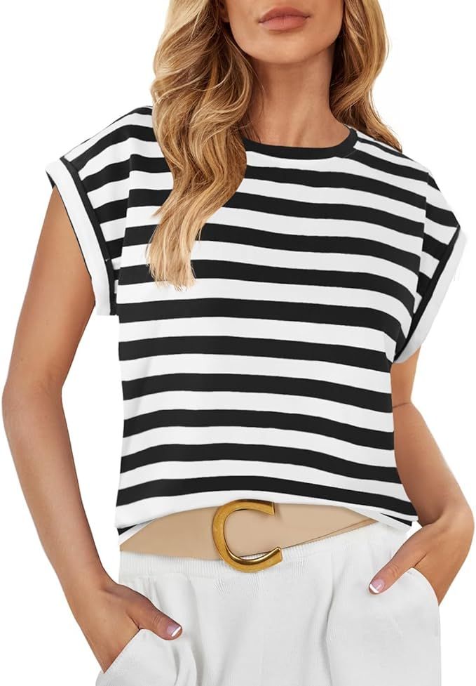 ZESICA Womens 2024 Summer Cap Sleeve Crewneck Crop Tops Casual Loose Striped T-Shirts Basic Tees | Amazon (US)