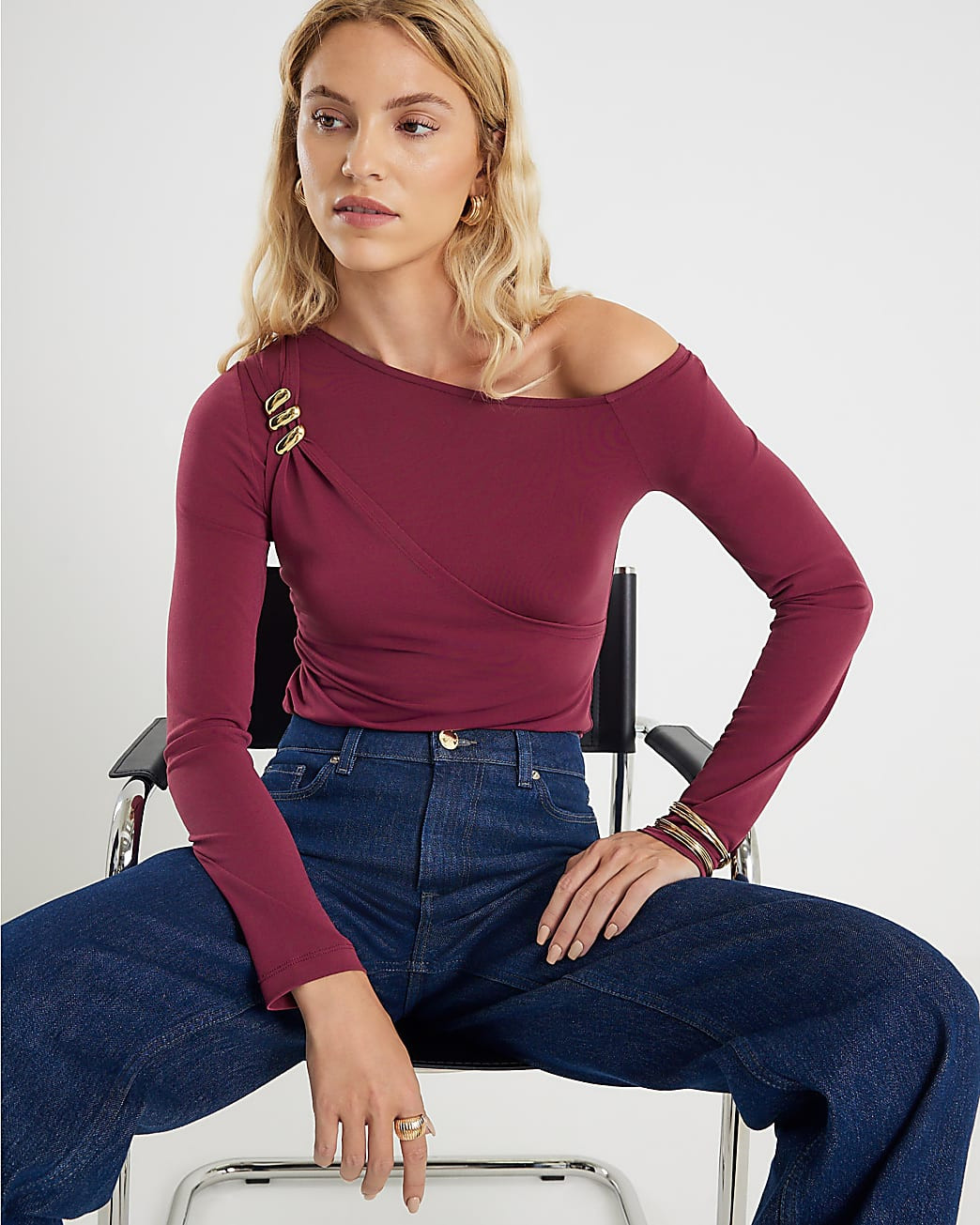 Red Long Sleeve Gold Detail Asymmetric Top | River Island UK & IE