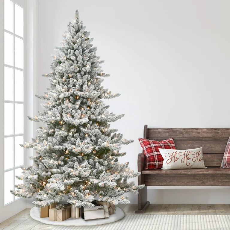 7.5 ft Pre-lit Flocked Regal Majestic Spruce Artificial Tree w/ 700 Clear Lights & Foot Pedal | Walmart (US)