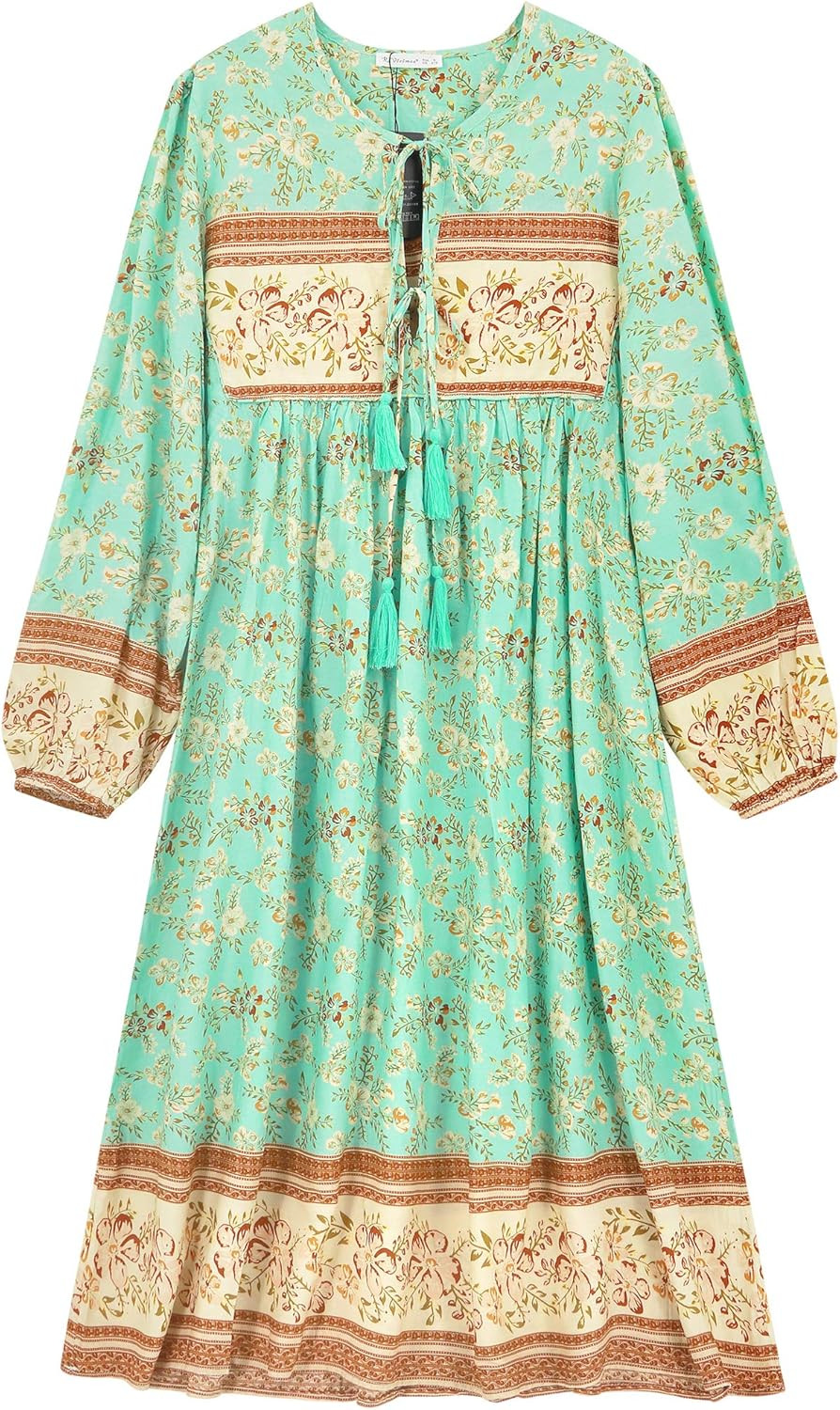 R.Vivimos Women's Long Sleeve Floral Print Retro V Neck Tassel Bohemian Midi Dresses | Amazon (US)