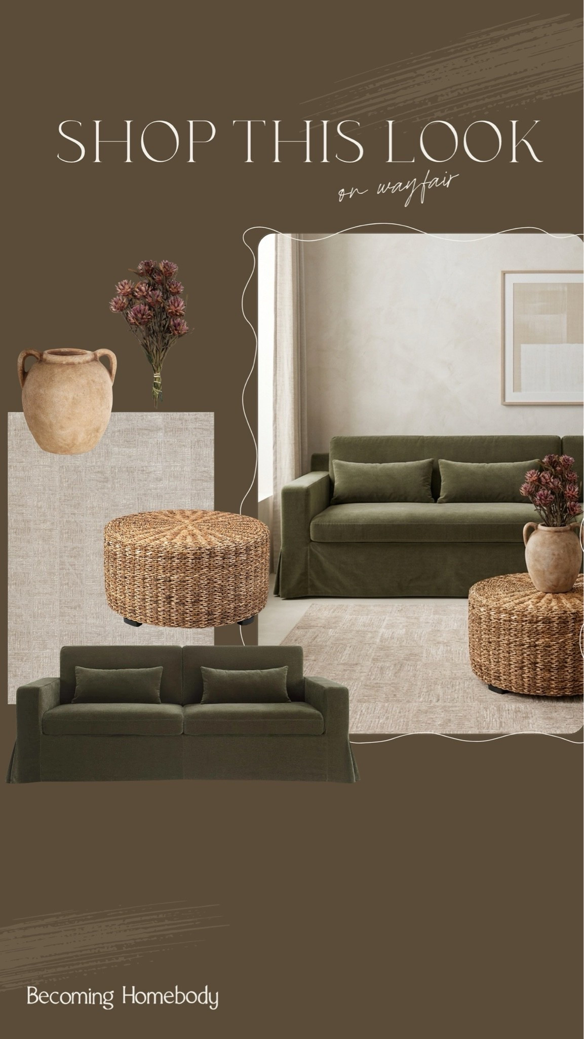 The prettiest @Wayfair living room finds 🤎 I love this earthy green velvet couch, woven coffee table, and pretty decor. Such a gorgeous, organic living room!

#LTKHome