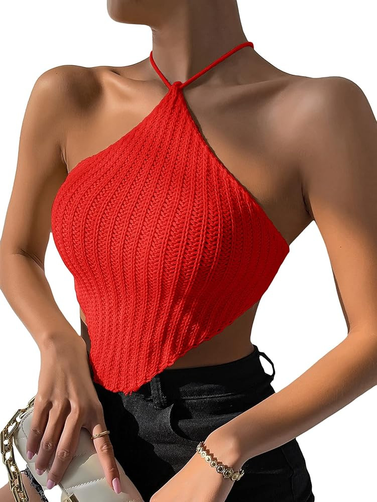 WDIRARA Women's Crisscross Tie Back Knit Crop Halter Top Asymmetrical Bandana Tops | Amazon (US)