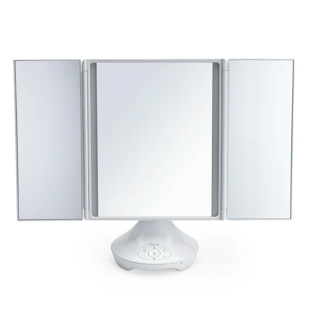 iHome Beauty iCVBT40 15" x 9" Trifold Tabletop Vanity Mirror with Bluetooth Speaker, White | Walmart (US)