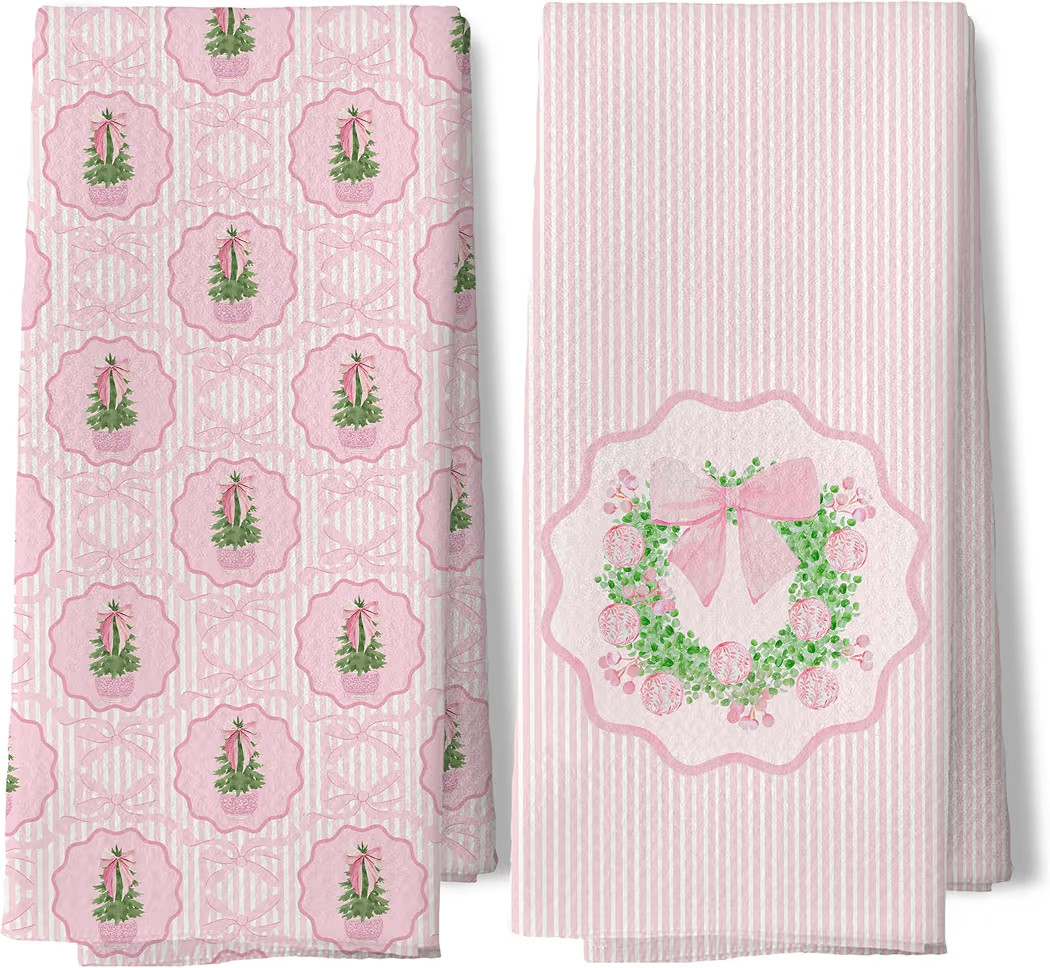 Pink Chinoiserie Christmas Tree Kitchen Dish Tea Towels, Coquette Grandmillennial Xmas Bow Wreath... | Amazon (US)