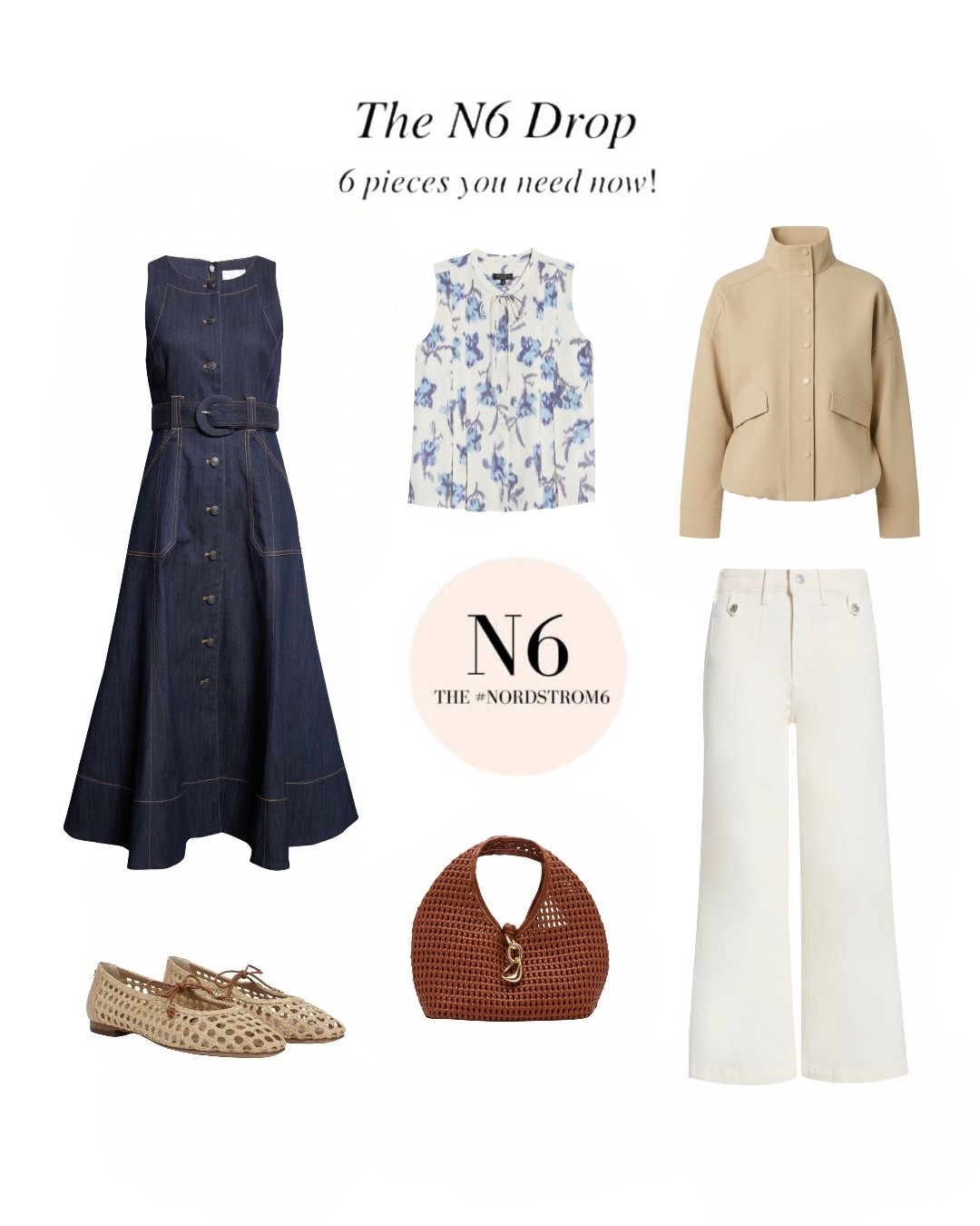 January 1st brings us a new YEAR and a new Nordstrom6 Drop! 

Here’s six pieces chosen by a group of professional personal stylists that we agree, every woman could use in her wardrobe for a more fashionable season! 

This month we are prepping you for vacation and thinking ahead to spring. We chose a denim midi dress, a floral sleeveless blouse, a cool funnel neck jacket, woven raffia ballet flats, and a woven handbag, plus the jeans that fit everyone-the Anessa-in a new ecru wash! 

Everything is true to size! 