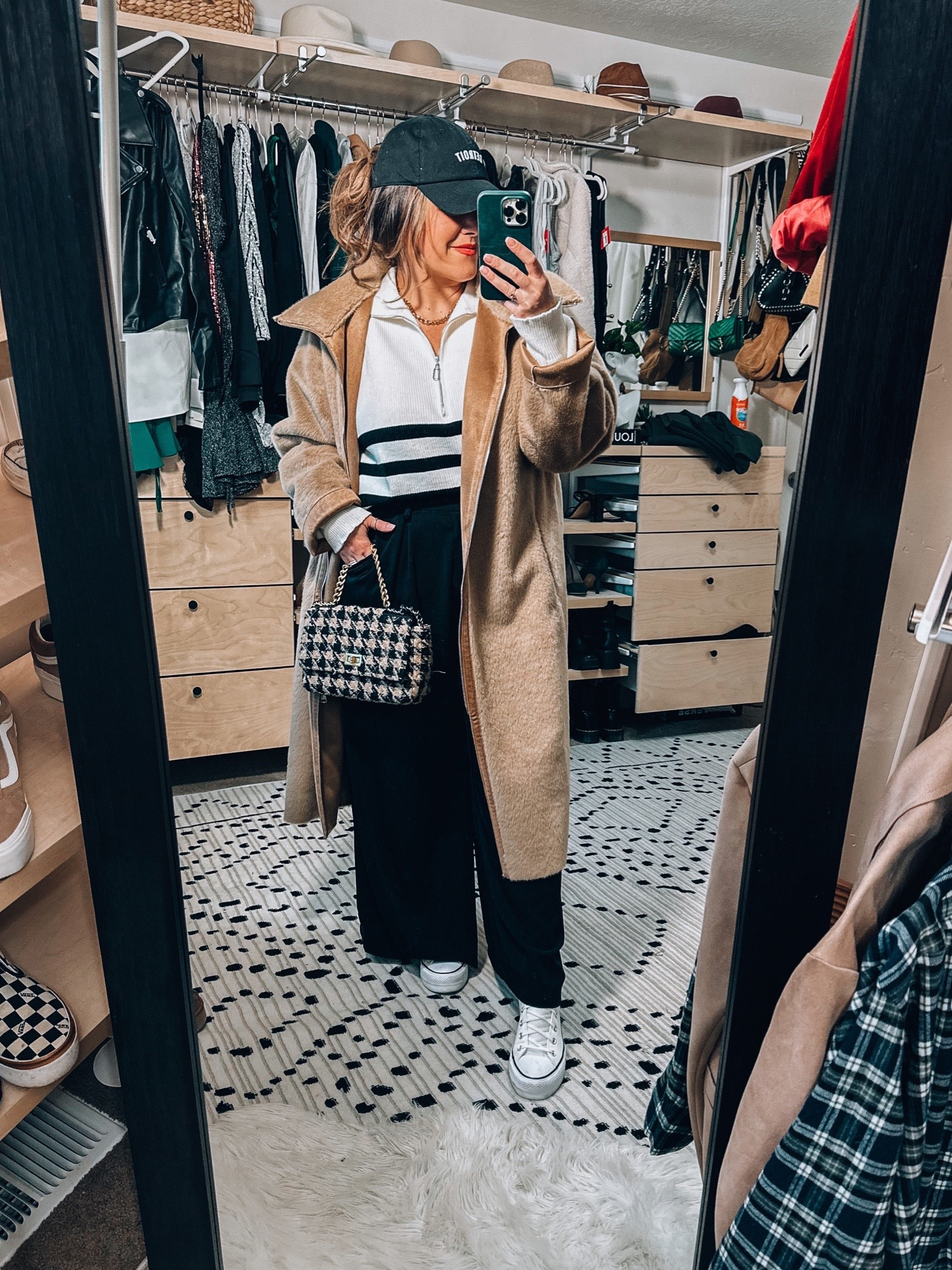 Casual fall midsize outfit - Amazon fashion size 14 style Comfy super soft plush faux fur camel coat large (runs roomy) Amazon striped cozy sweater xl Wide leg pants xl (stretchy waist) Converse sneakers tts Houndstooth Amazon bag Detroit black dad hat Comfy no underwire bra xl (code taryn25 to save on the bra!) Smoothing underwear xl (code: TARYNTRULYXSPANX saves on the underwear!)

#LTKcurves #LTKSeasonal #LTKCyberweek