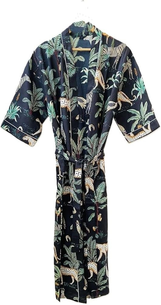 COTSILER Cotton Block Print Kimono Robe for Women Long Bathrobe with Belt & Pockets For Summer Li... | Amazon (US)