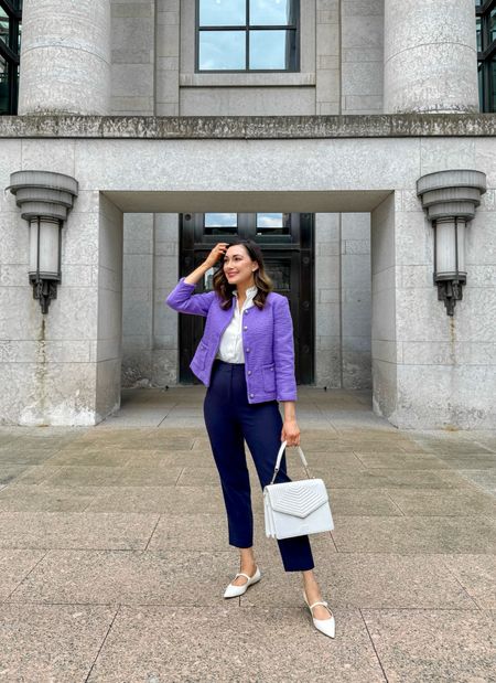 Spring work outfit 💜💙

Purple tweed jacket size 4, TTS (kindly gifted)
White ruffle neck shell size xs, size down if between sizes
Navy pants (linked similar)
White pointed toe Mary Jane flats size 7, TTS

Work wear 
Office outfit 



#LTKstyletip #LTKshoecrush #LTKworkwear