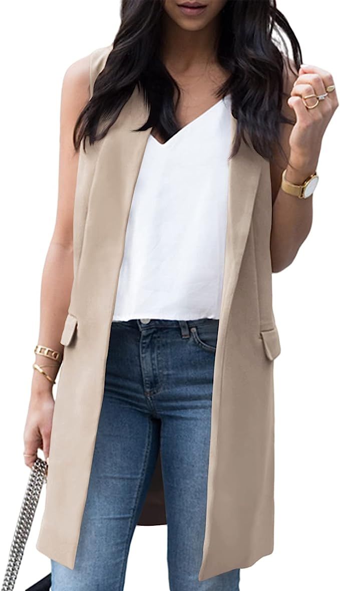 Beladymn Women’s Sleeveless Long Blazer Vest Casual Open Front Work Office Cardigan with Pocket... | Amazon (US)