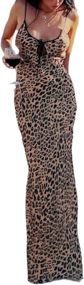 Leopard Print Chiffon Dress Cheetah Print Y2k Halter Going Out Dresses Sexy Backless Spaghetti St... | Amazon (US)