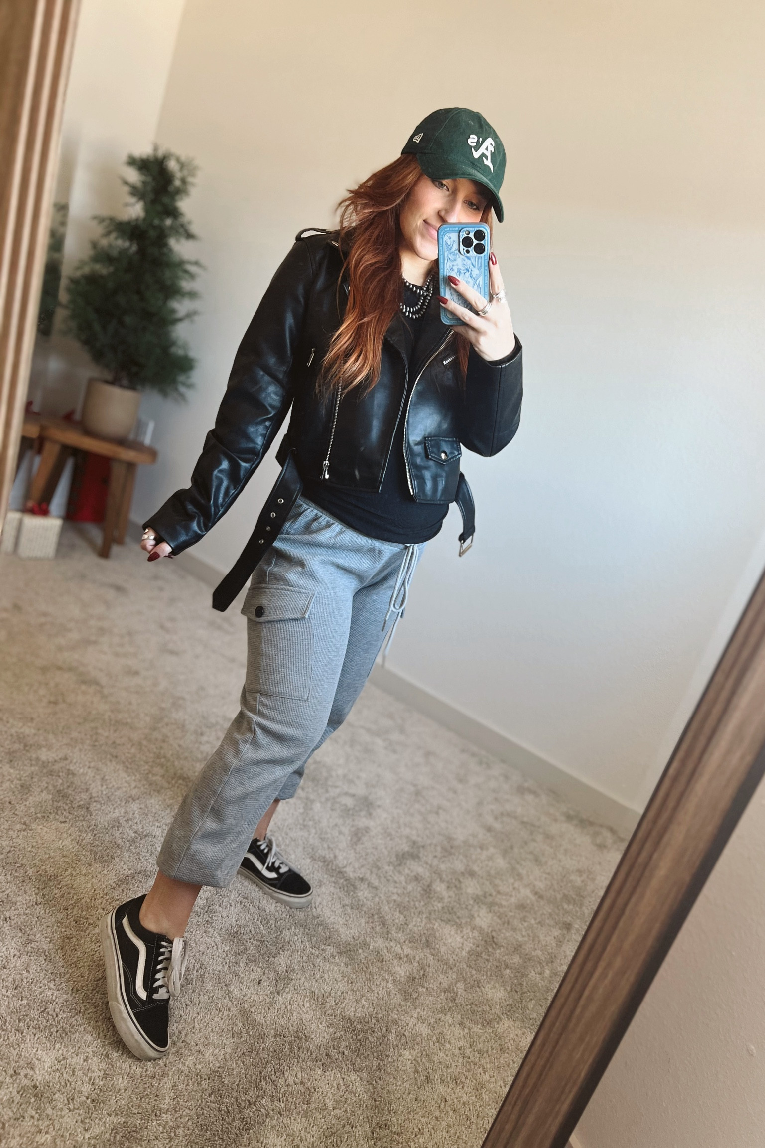 My OOTD - Maternity Sweatpants - Maternity Joggers - Walmart Long Sleeve - Shein Faux Leather Jacket - Vans Shoes - Athletics Baseball Cap - Wrapped Bead Necklace 

#LTKbump #LTKstyletip #LTKshoecrush