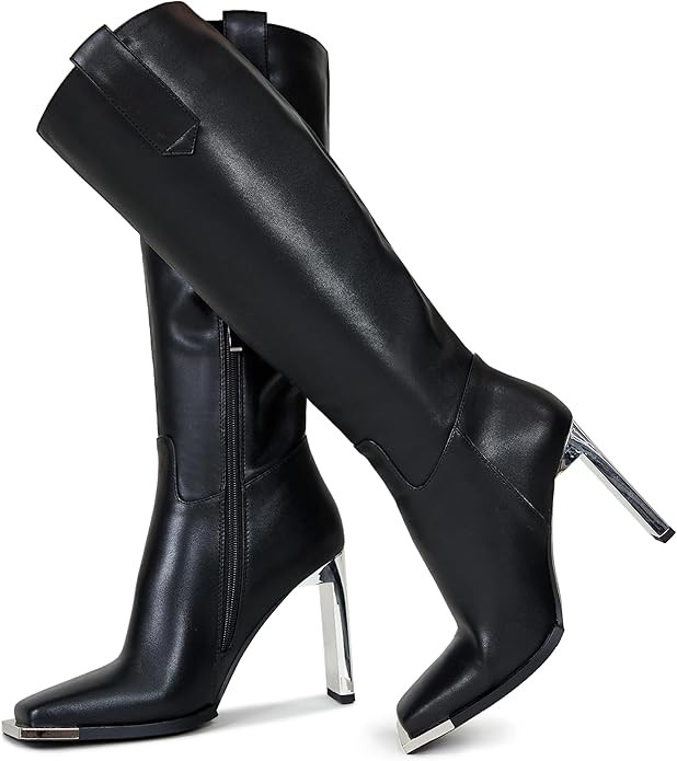 Women Wide Calf Knee High Boots Chunky High Heels Square Metal Toe and Side Zipper Boots Fashion ... | Amazon (US)