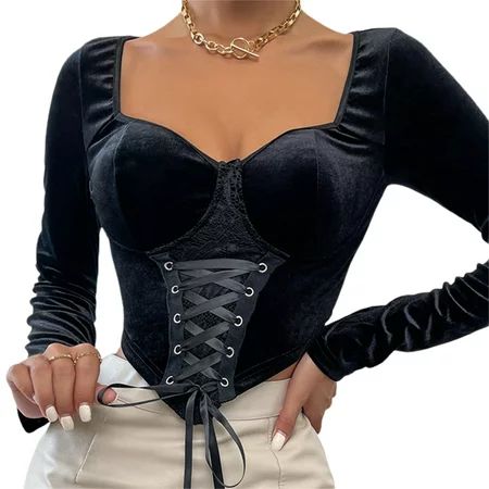 Women s Sexy Bustier Tops Long Sleeve Y2k Vintage V Neck Crop Bra Corset Shirt Slim Fit Aesthetic Pu | Walmart (US)