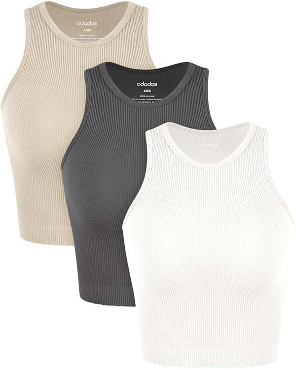 ODODOS 3-Pack Seamless Crop Tank for Women Ribbed Soft High Neck Cropped Tops | Amazon (US)