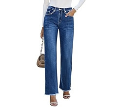 GRAPENT Straight Leg Jeans for Women High Waisted Stretchy Frayed Raw Hem Loose Denim Pants Casua... | Amazon (US)