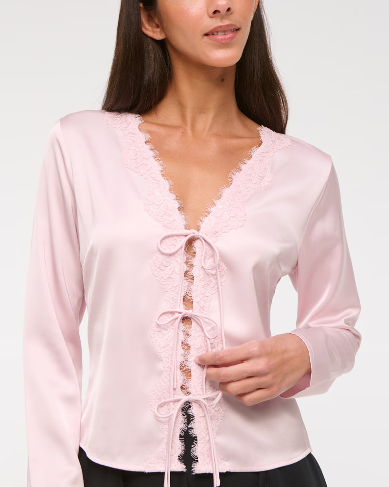 Long-Sleeve Lace-Trim Tie-Front Top | Abercrombie & Fitch (US)