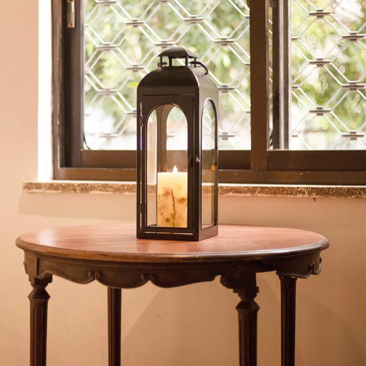 Black Metal Hurricane Lantern with Clear Glass Panels | Wayfair North America