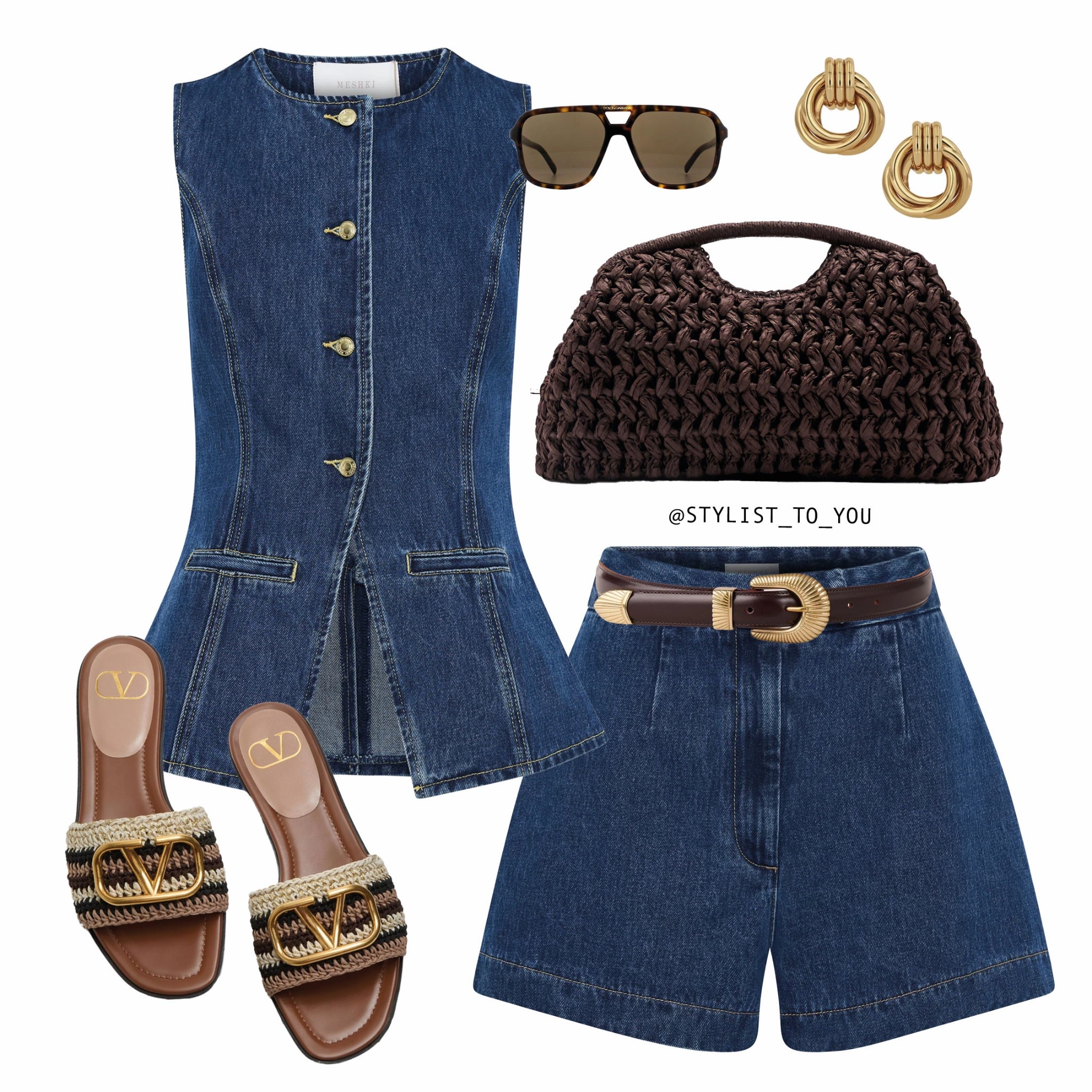 The denim co-ord you NEED 💙🥥 Save for your next outfit inspo

Flat lay of a stylish summer outfit featuring a sleeveless buttoned dark blue denim vest waistcoat tank top, matching high-waisted denim shorts co-ord with a brown belt, Valentino woven slide sandals, a dark brown woven raffia clutch handbag, tortoiseshell sunglasses, and gold statement earrings. Denim vest, high-waisted shorts, summer outfit, casual chic, street style, luxury fashion, woven handbag, brown accessories, designer sandals, gold earrings, tortoiseshell sunglasses, denim outfit, weekend look, stylish flat lay, outfit inspiration, modern denim, statement belt, minimalist outfit, neutral tones, fashion essentials, elegant casual, layered denim, coordinated set, timeless fashion, easy chic, elevated basics, fashion flat lay, warm weather outfit, effortless style, trendy summer look, classic denim, everyday outfit, upscale casual, contemporary look, fashion forward, polished casual, seasonal wardrobe, casual luxury, boutique style, curated outfit, fashion edit, SS25

#LTKuk #LTKeurope #LTKsummer