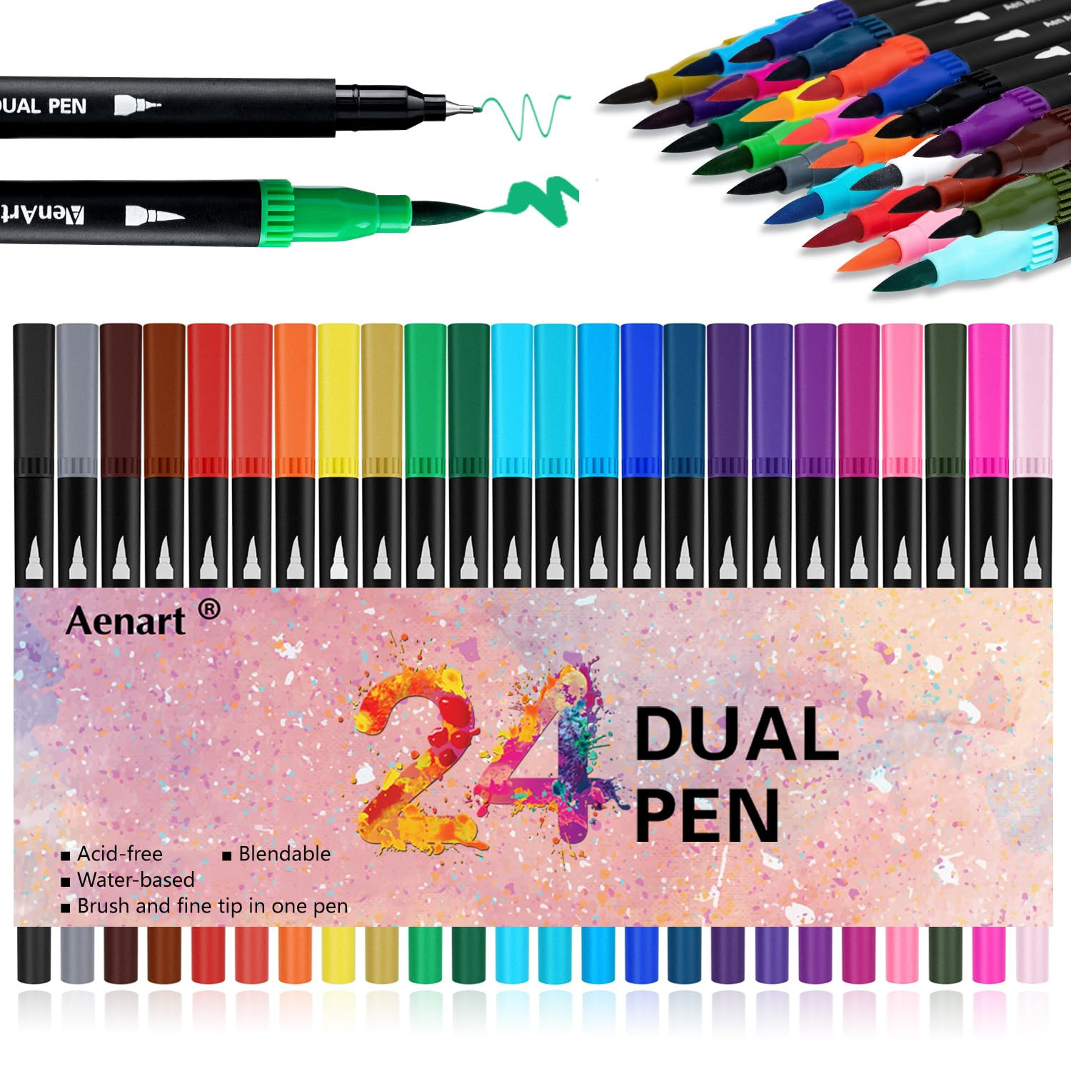 Aen Art Dual Brush Markers for Adult Coloring Books, 24 Colored Fine Point Marker Pen for Note ta... | Amazon (US)