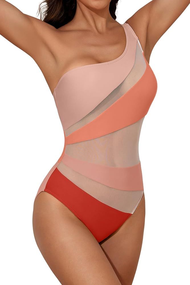 B2prity Women's One Piece Swimsuits One Shoulder Slimming Bathing Suit Tummy Control Colorblock S... | Amazon (US)