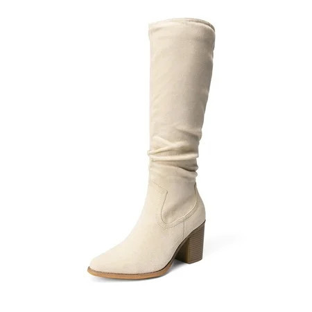 BURUDANI Women s Suede Knee High Boots Pointed Toe Comfortable Chunky Block Heel Side Zipper Riding Boots Beige Size 9.5 | Walmart (US)