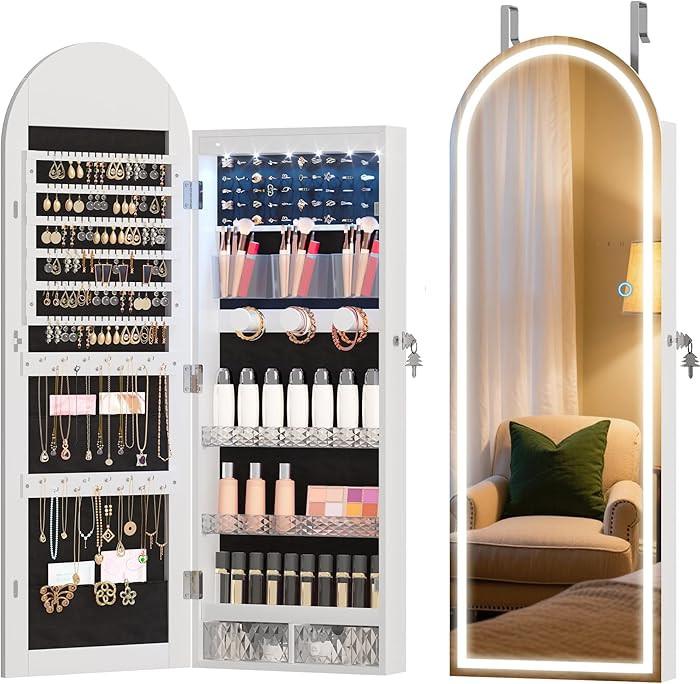 LVSOMT Wall Mounted Jewelry Organizer Lockable, 43"x16" Door Hanging Arched Mirror with Lights an... | Amazon (US)