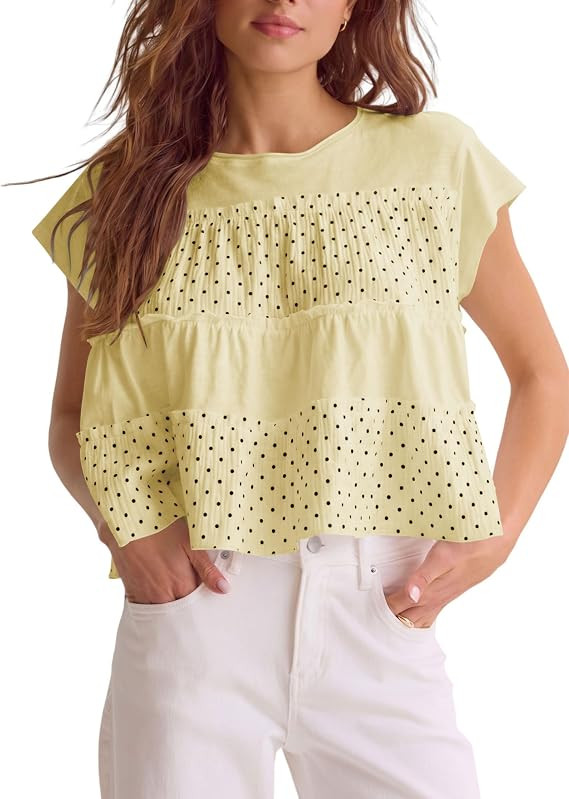Womens Polka Dot Crew Neck Ruffled Flowy Short Sleeve Tops | Soft Fabric, Tiered Polka Dots, Brea... | Amazon (US)