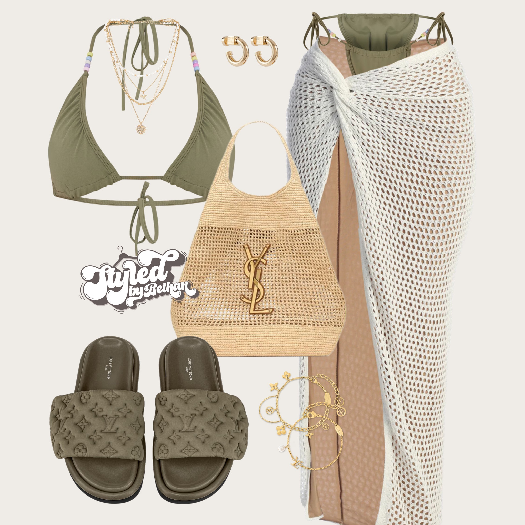 Beach day 🌊 tags: pretty little thing khaki bikini, ysl beach bag, jluxlabel maxi crochet skirt, Louis Vuitton khaki pillow sliders, miu miu gold hoop earrings, revolve gold layered necklace, Louis Vuitton gold charm bracelets. Euro summer, vacation, holiday, swimwear, bikini outfit inspiration inspo for Ibiza, Marbella, Greece.

#LTKswimwear #LTKsummer #LTKeurope